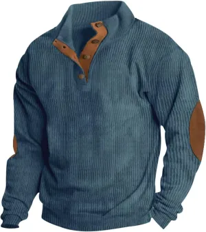 GOFULY Corduroy Sweatshirts For Men No Hood Mock Neck Butto Henley Shirt Long Sleeve Pullovers Fashion Stand Collar Sweater