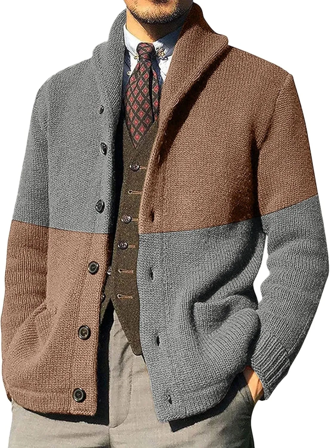 GOKKILRW Mens Long Sleeve Cable Knit Cardigan Sweater Colorblock Casual Shawl Collar Button Down Chunky Warm Knitwear Jacket