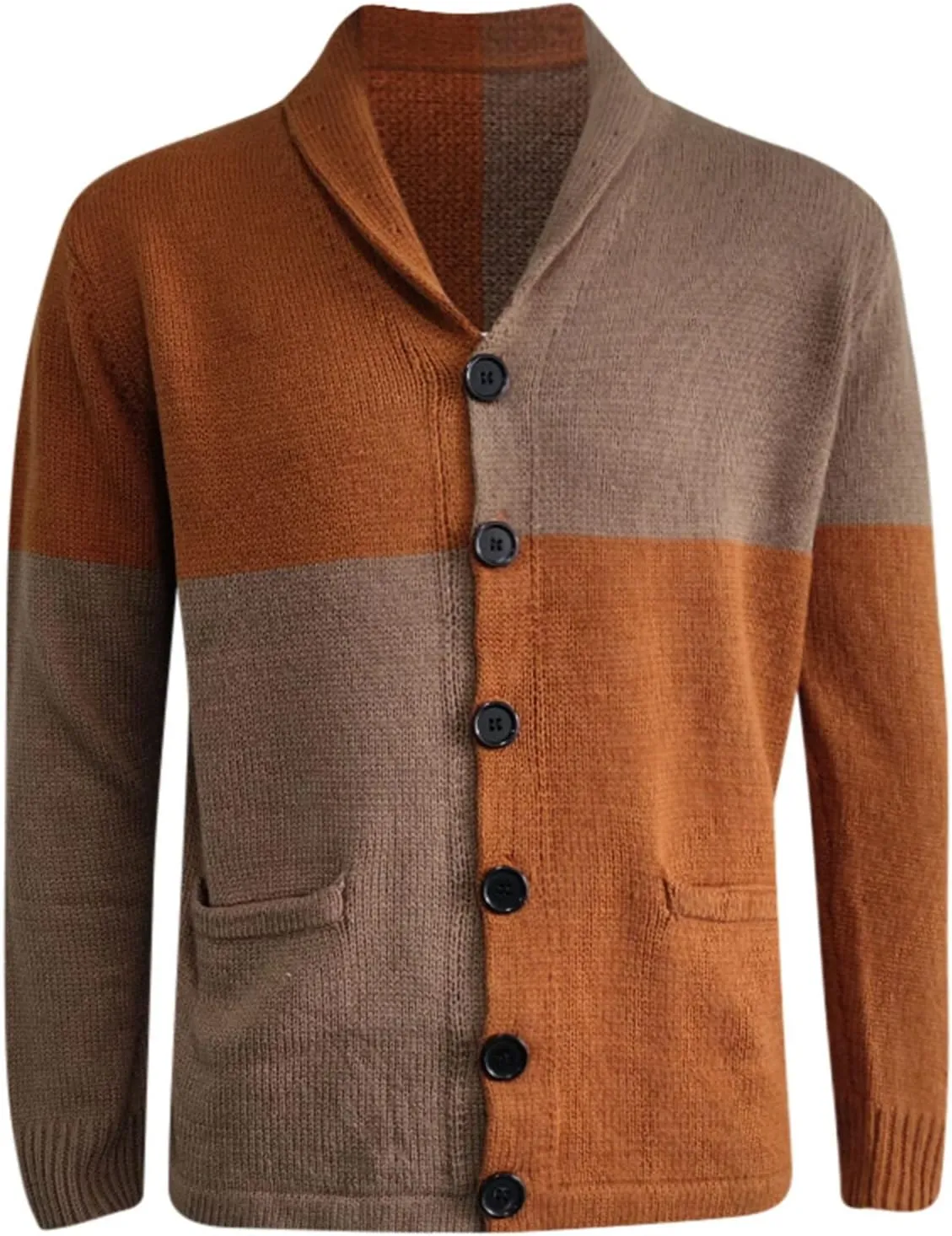 GOKKILRW Mens Long Sleeve Cable Knit Cardigan Sweater Colorblock Casual Shawl Collar Button Down Chunky Warm Knitwear Jacket