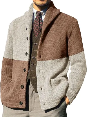 GOKKILRW Mens Long Sleeve Cable Knit Cardigan Sweater Colorblock Casual Shawl Collar Button Down Chunky Warm Knitwear Jacket