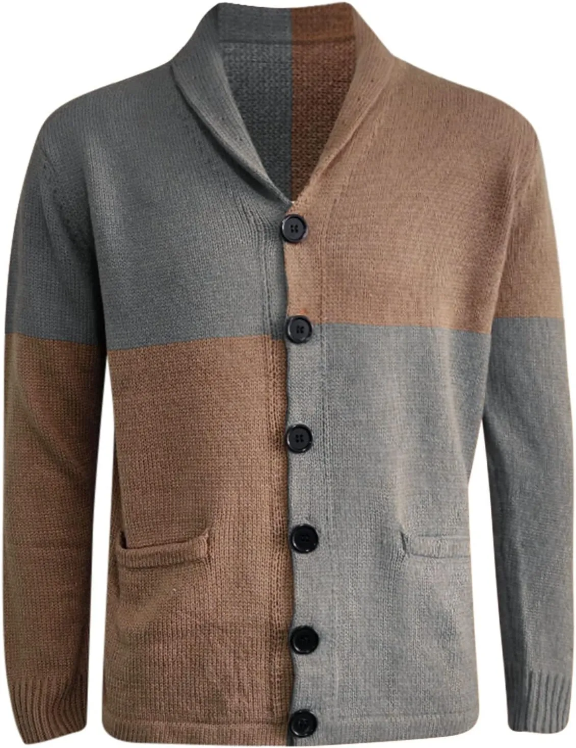 GOKKILRW Mens Long Sleeve Cable Knit Cardigan Sweater Colorblock Casual Shawl Collar Button Down Chunky Warm Knitwear Jacket