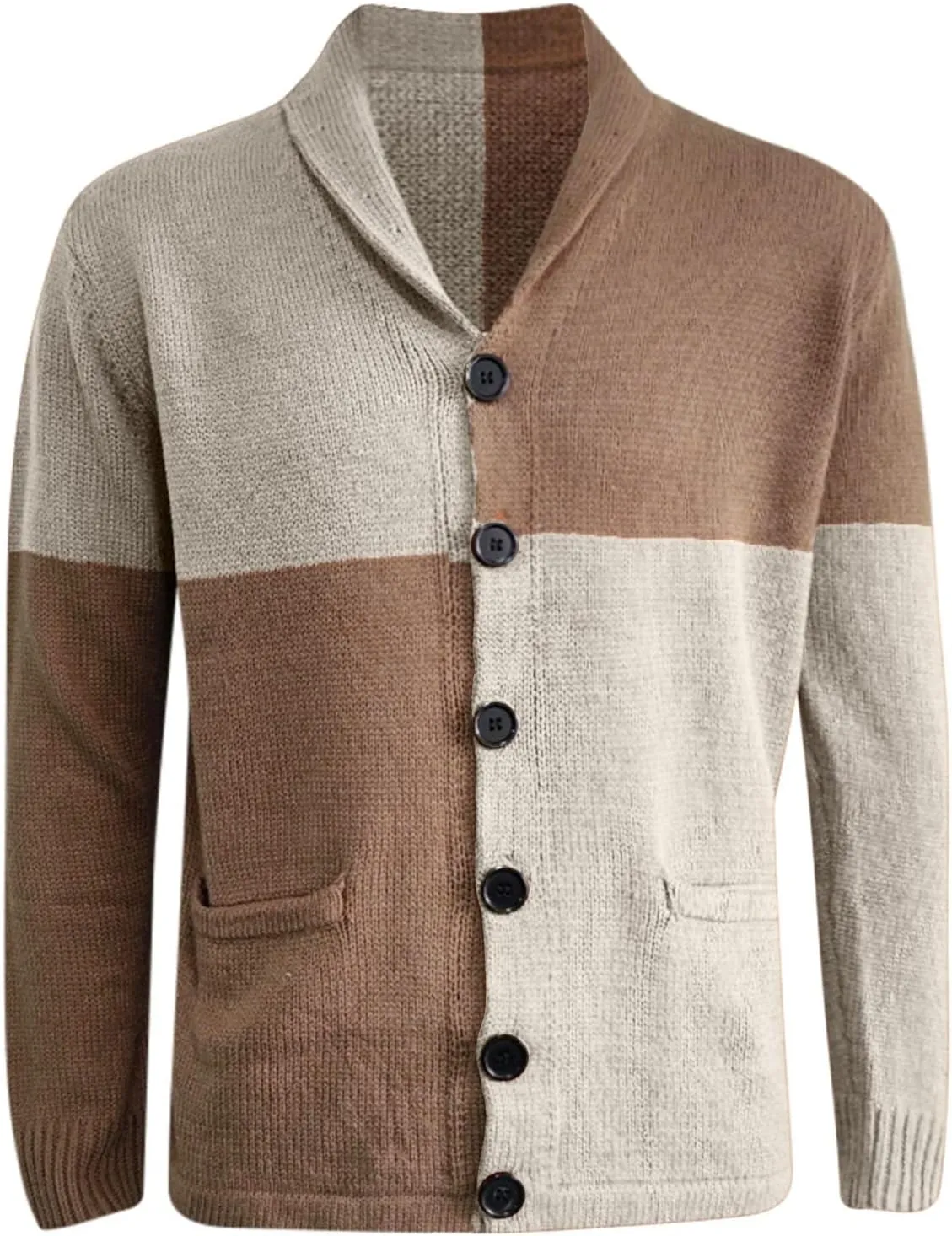 GOKKILRW Mens Long Sleeve Cable Knit Cardigan Sweater Colorblock Casual Shawl Collar Button Down Chunky Warm Knitwear Jacket