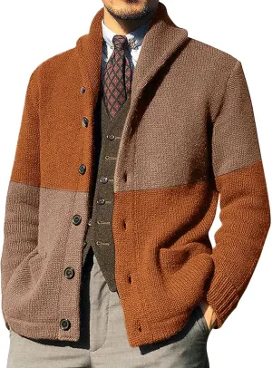 GOKKILRW Mens Long Sleeve Cable Knit Cardigan Sweater Colorblock Casual Shawl Collar Button Down Chunky Warm Knitwear Jacket
