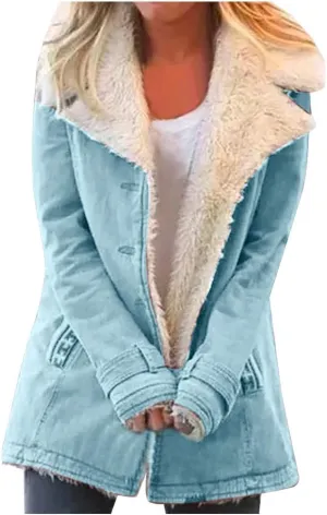 Hasta Womens Plush Denim Jackets Plus Size Single-Breasted Fleece Lined Winter Coats Pocket Vintage Thicker Fuzzy Jackets