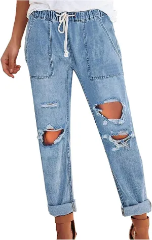 High Waisted Jeans for Women Distressed Ripped Stretch Straight Leg Denim Pants Vintage Casual Slim Skinny Jeans Trousers