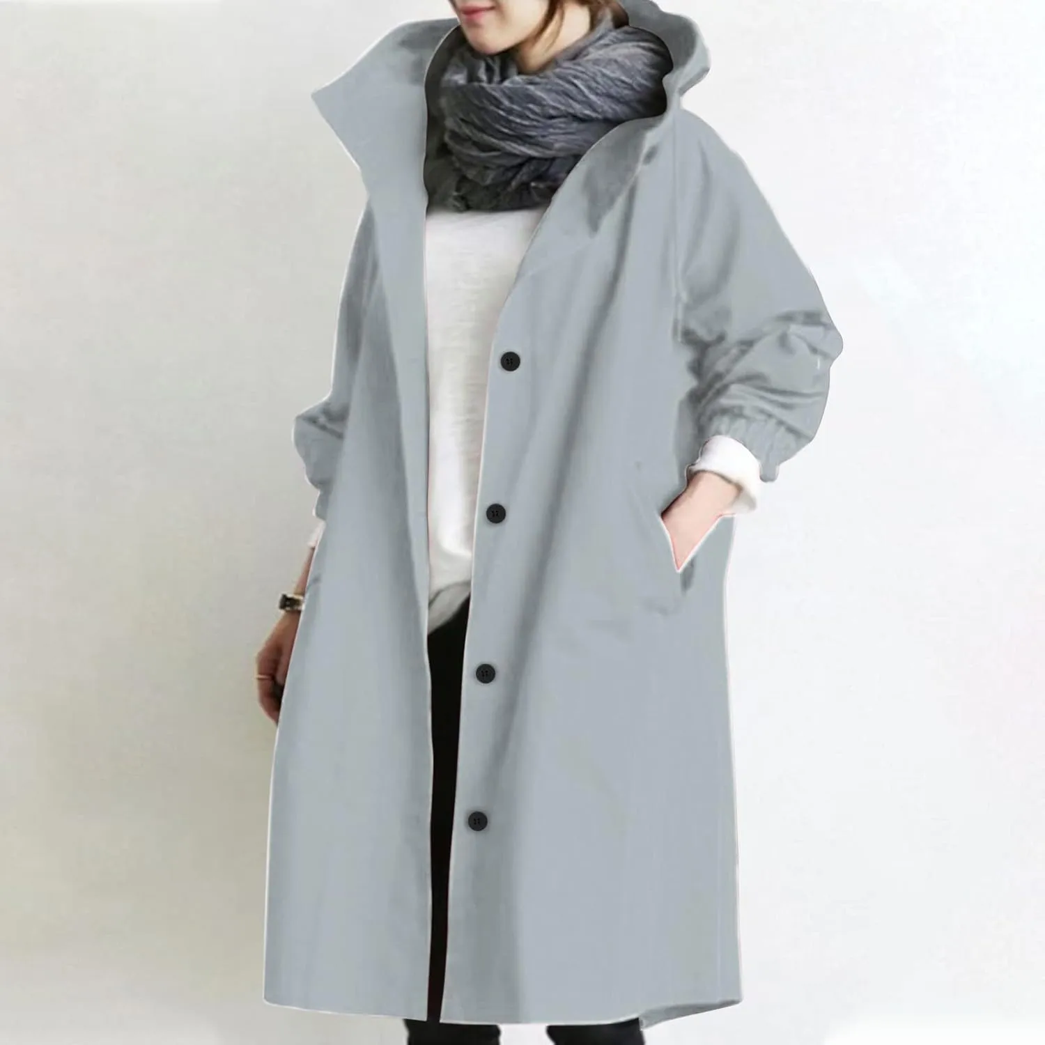 Hooded Trench Coat Women Waterproof Long Rain Jacket Button Up Hooded Windbreaker Lightweight Raincoats,Pockets