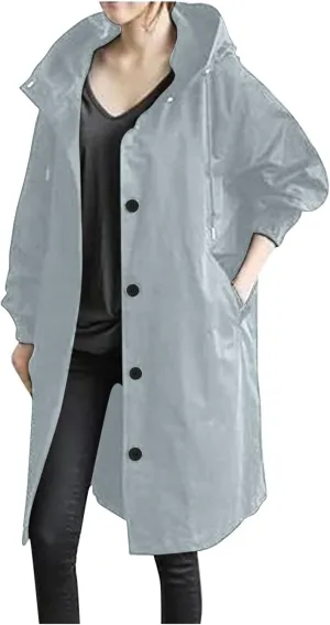 Hooded Trench Coat Women Waterproof Long Rain Jacket Button Up Hooded Windbreaker Lightweight Raincoats,Pockets