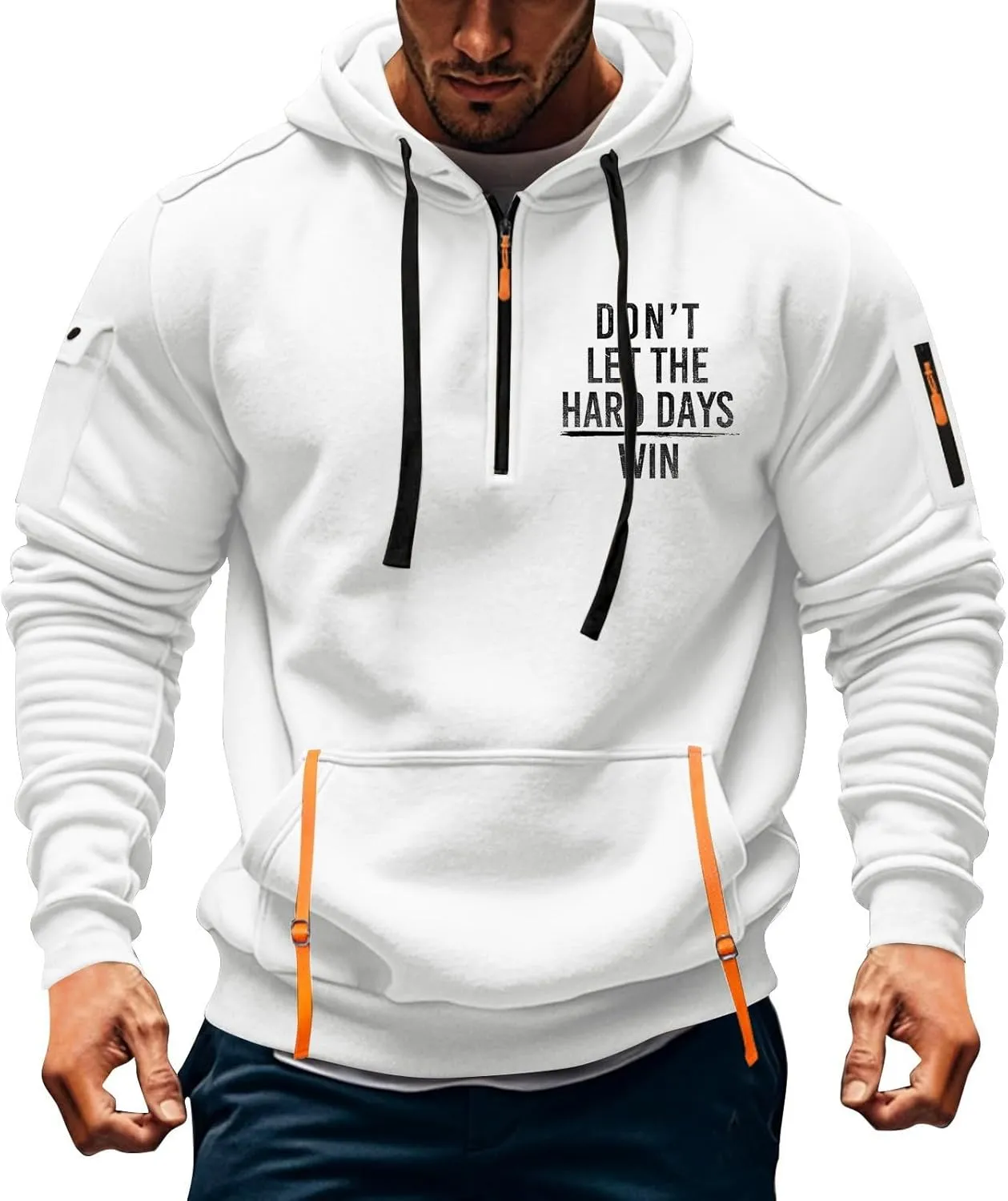 Hoodies for Men 1/4 Zip, Letters Prints and USA Flag Print, Drawstring, Arm Pocket, Kangaroo Pocket, Sweatshirts for Men