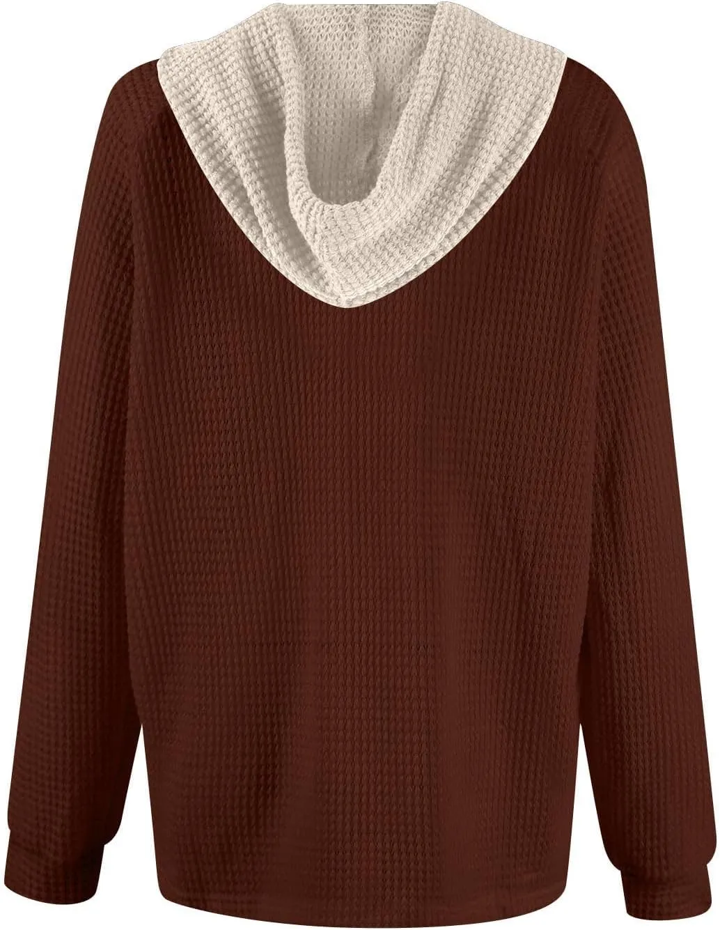 Hoodies for Women Waffle Knit Casual Drawstring Sweatshirt Button V Neck Long Sleeve Pullover Hooded Sweatshirt Tops