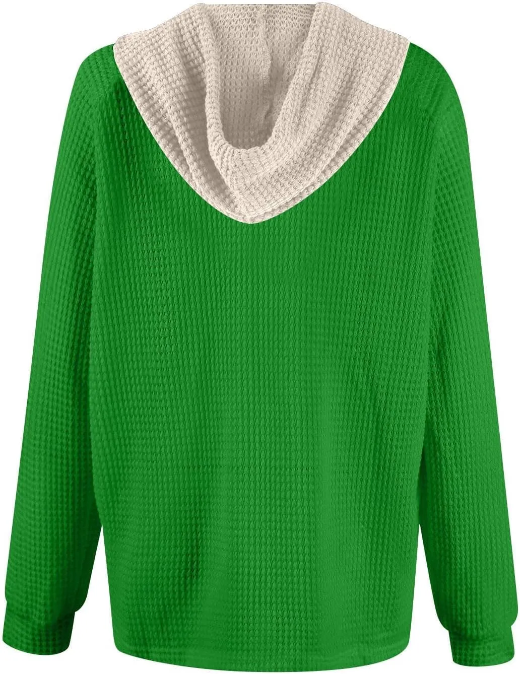Hoodies for Women Waffle Knit Casual Drawstring Sweatshirt Button V Neck Long Sleeve Pullover Hooded Sweatshirt Tops