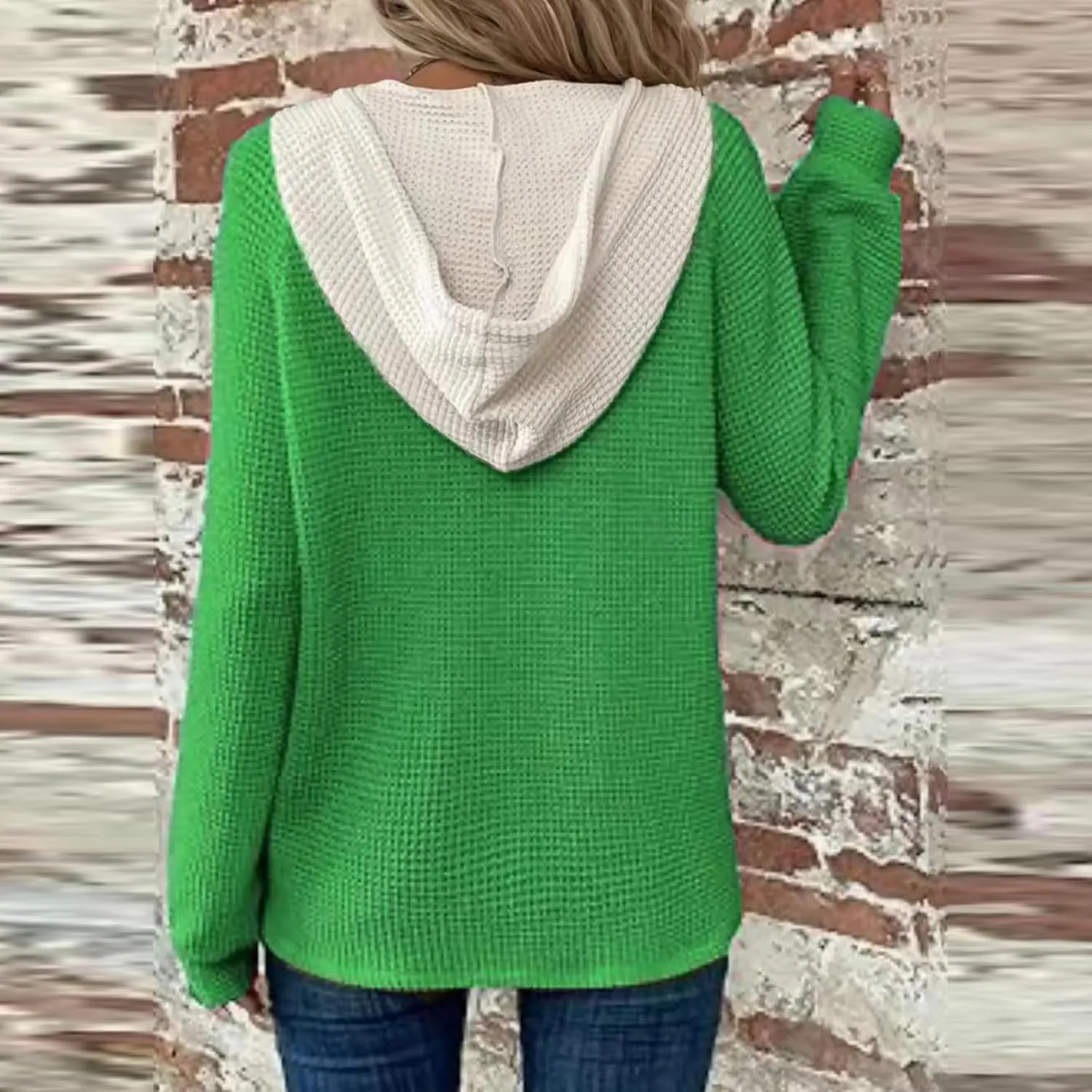 Hoodies for Women Waffle Knit Casual Drawstring Sweatshirt Button V Neck Long Sleeve Pullover Hooded Sweatshirt Tops