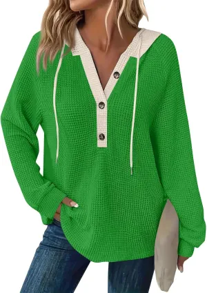 Hoodies for Women Waffle Knit Casual Drawstring Sweatshirt Button V Neck Long Sleeve Pullover Hooded Sweatshirt Tops