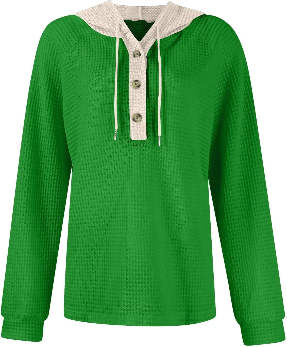 Hoodies for Women Waffle Knit Casual Drawstring Sweatshirt Button V Neck Long Sleeve Pullover Hooded Sweatshirt Tops