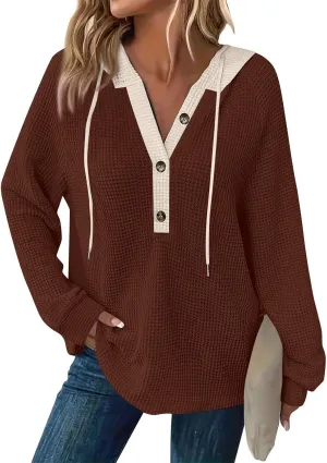 Hoodies for Women Waffle Knit Casual Drawstring Sweatshirt Button V Neck Long Sleeve Pullover Hooded Sweatshirt Tops