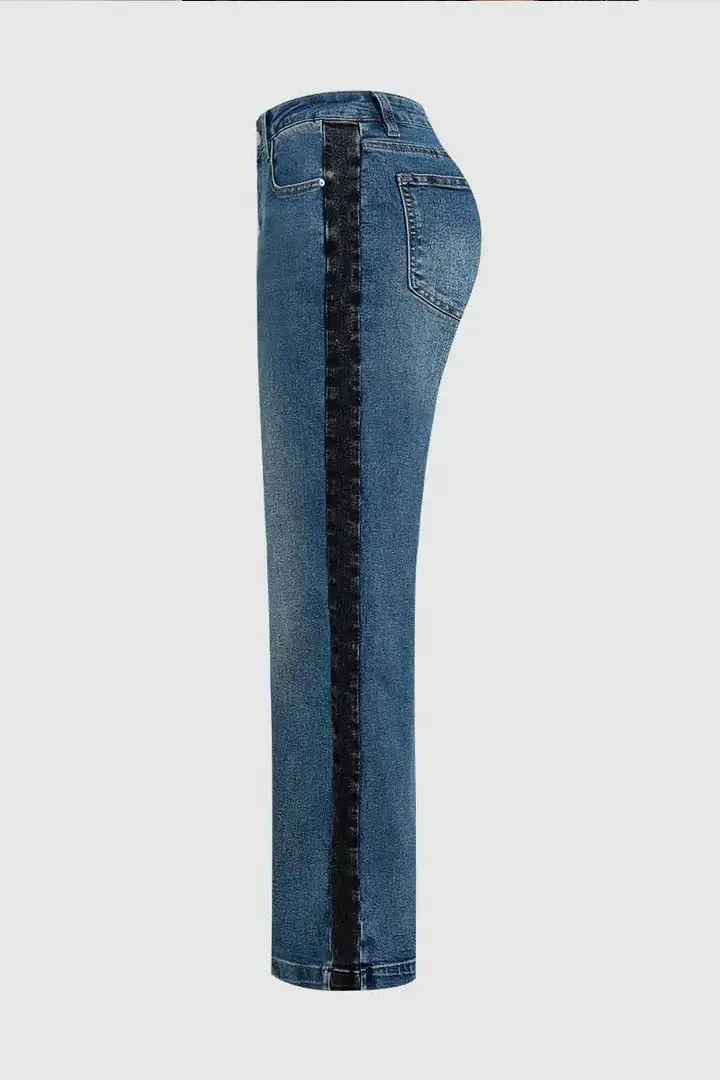 Huang's Women's High-Rise Wide Leg Jeans with Side Stripe, Medium Wash Denim, Black Stripe Detail