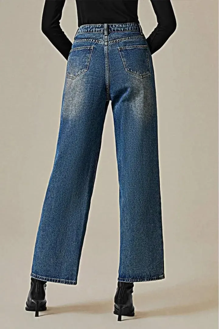 Huang's Women's High-Rise Wide Leg Jeans with Side Stripe, Medium Wash Denim, Black Stripe Detail