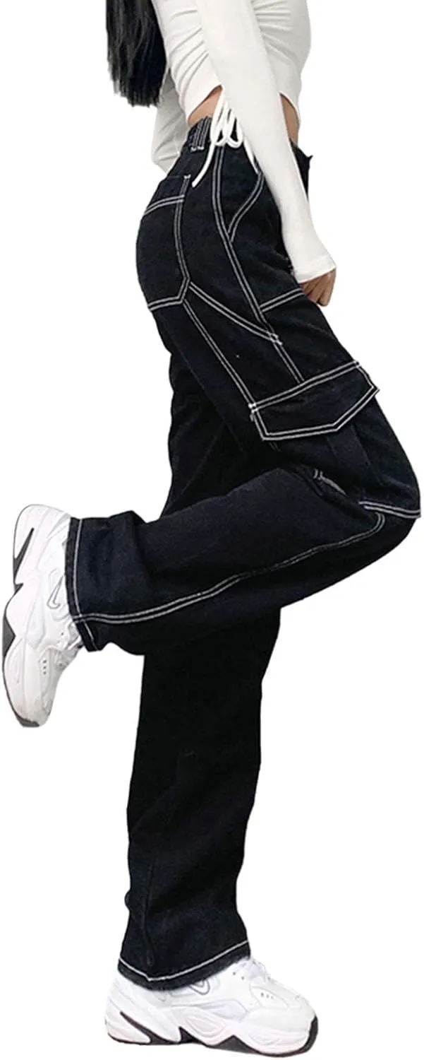 ICNGLKSND Womens Girls High Waisted Baggy Jeans Straight Wide Leg Denim Pants Y2K Trousers Streetwear with Big Pockets
