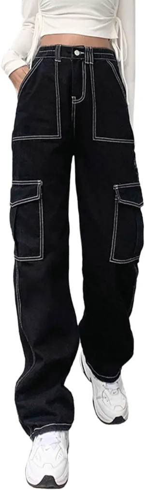 ICNGLKSND Womens Girls High Waisted Baggy Jeans Straight Wide Leg Denim Pants Y2K Trousers Streetwear with Big Pockets