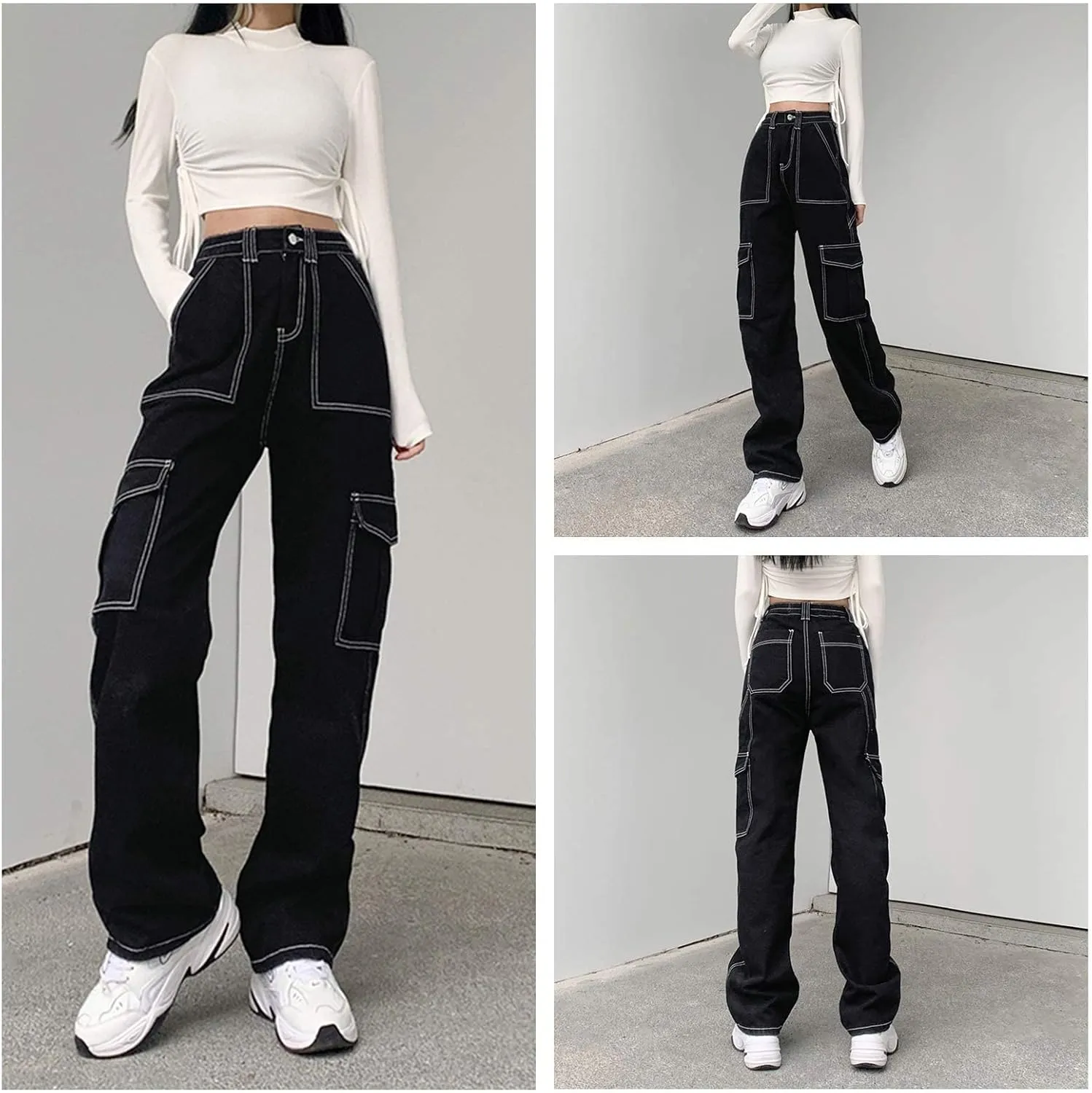 ICNGLKSND Womens Girls High Waisted Baggy Jeans Straight Wide Leg Denim Pants Y2K Trousers Streetwear with Big Pockets
