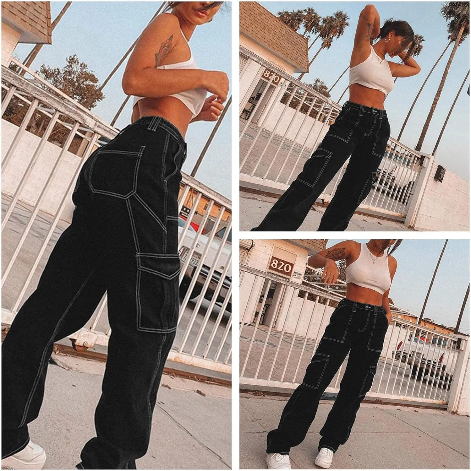 ICNGLKSND Womens Girls High Waisted Baggy Jeans Straight Wide Leg Denim Pants Y2K Trousers Streetwear with Big Pockets
