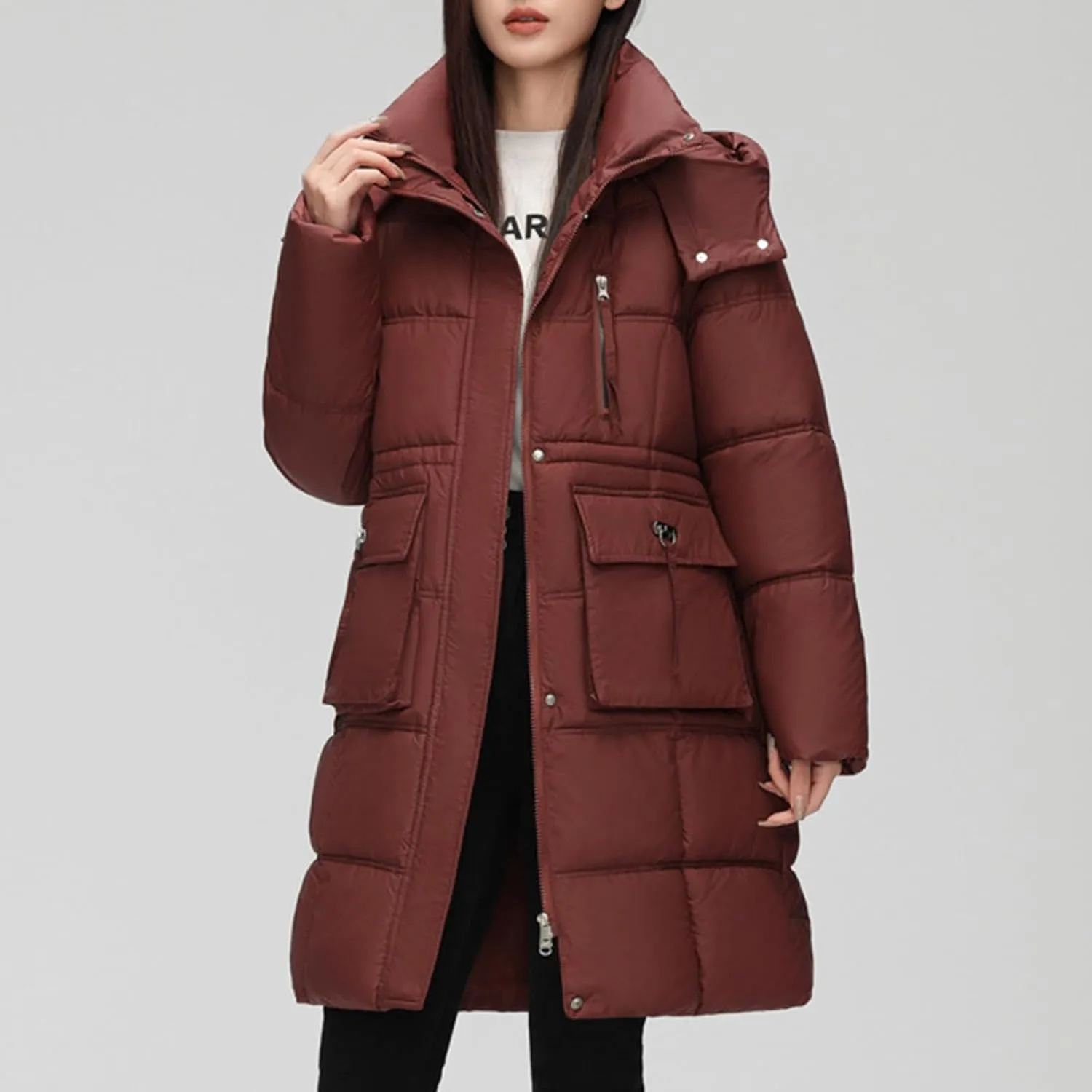 Jackets for Women Heavyweight Puffer Coats Winter Windproof Windbreaker Long Quilted Down Outerwear with Removable Hood