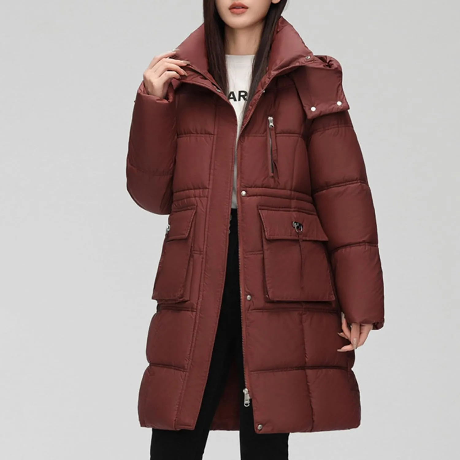 Jackets for Women Heavyweight Puffer Coats Winter Windproof Windbreaker Long Quilted Down Outerwear with Removable Hood