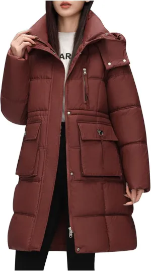 Jackets for Women Heavyweight Puffer Coats Winter Windproof Windbreaker Long Quilted Down Outerwear with Removable Hood
