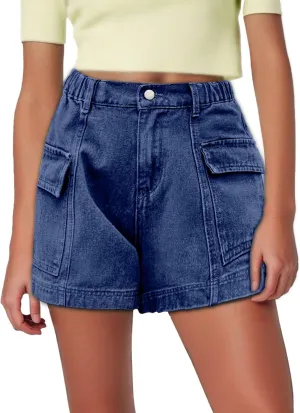 Jean Cargo Shorts for Women Baggy Front Button Lightweight Denim Shorts Stretch Sexy Vacation Travel Hiking Short