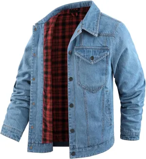 Jean Jacket Men Flannel Lined Denim Jacket Snap Cowboy Western Classic Slim Fit Heavy Duty Jacket Trucker Coat