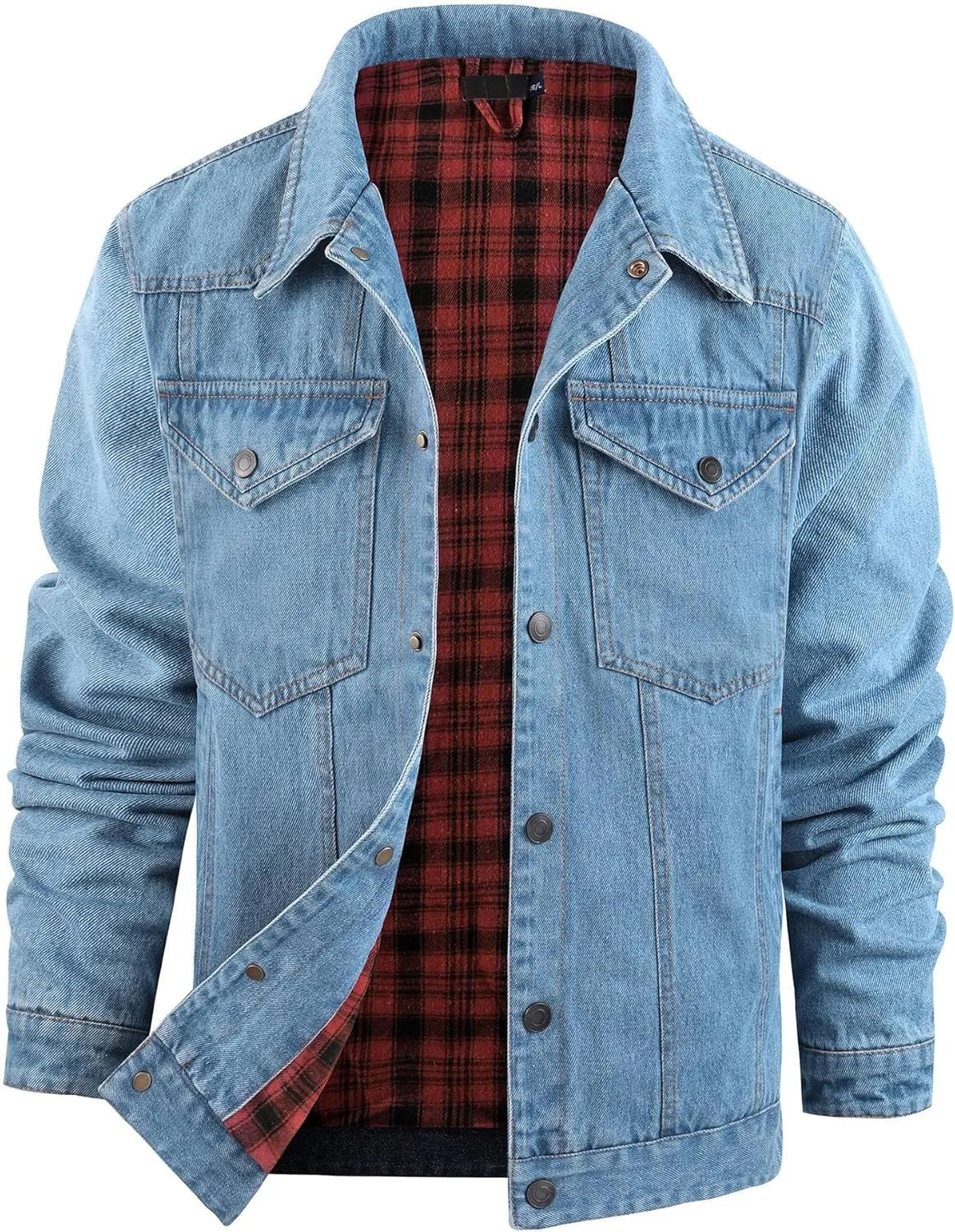 Jean Jacket Men Flannel Lined Denim Jacket Snap Cowboy Western Classic Slim Fit Heavy Duty Jacket Trucker Coat