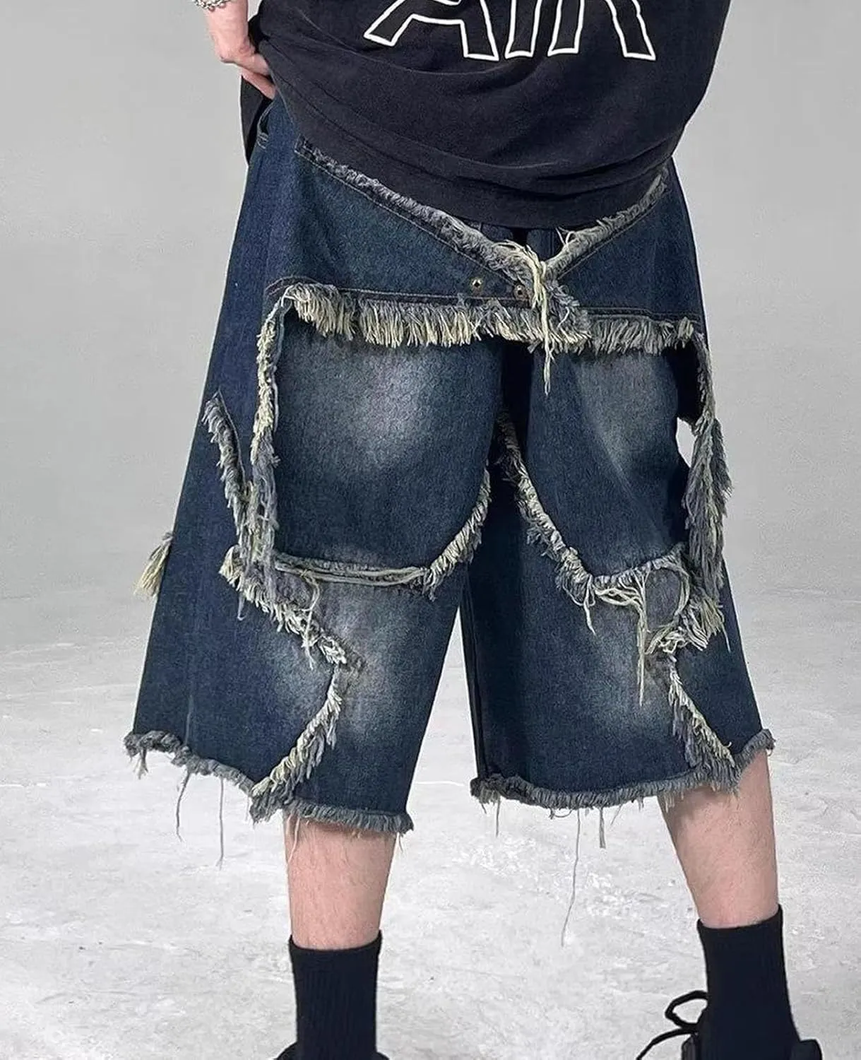 Jorts for Women Men Star Patchwork High Waisted Wide Leg Baggy Jeans Shorts Gothic Streetwear Summer Clothes