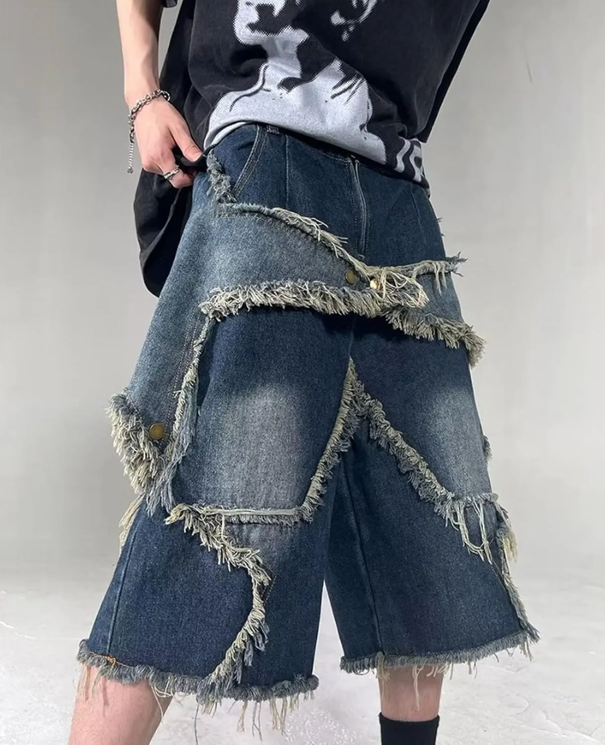 Jorts for Women Men Star Patchwork High Waisted Wide Leg Baggy Jeans Shorts Gothic Streetwear Summer Clothes