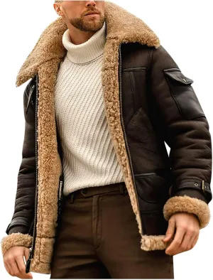 jsaierl Men's Winter Jacket Fleece Sherpa Lined Jacket Faux Suede Warm Coat Shearling Bomber Jacket with Multi Pocket Warm