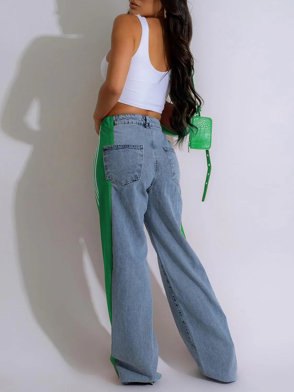 KANSOON Jeans for Women with Patchwork Stripes High Waisted Straight Stretchy Loose Color Block Wide Leg Denim Pants