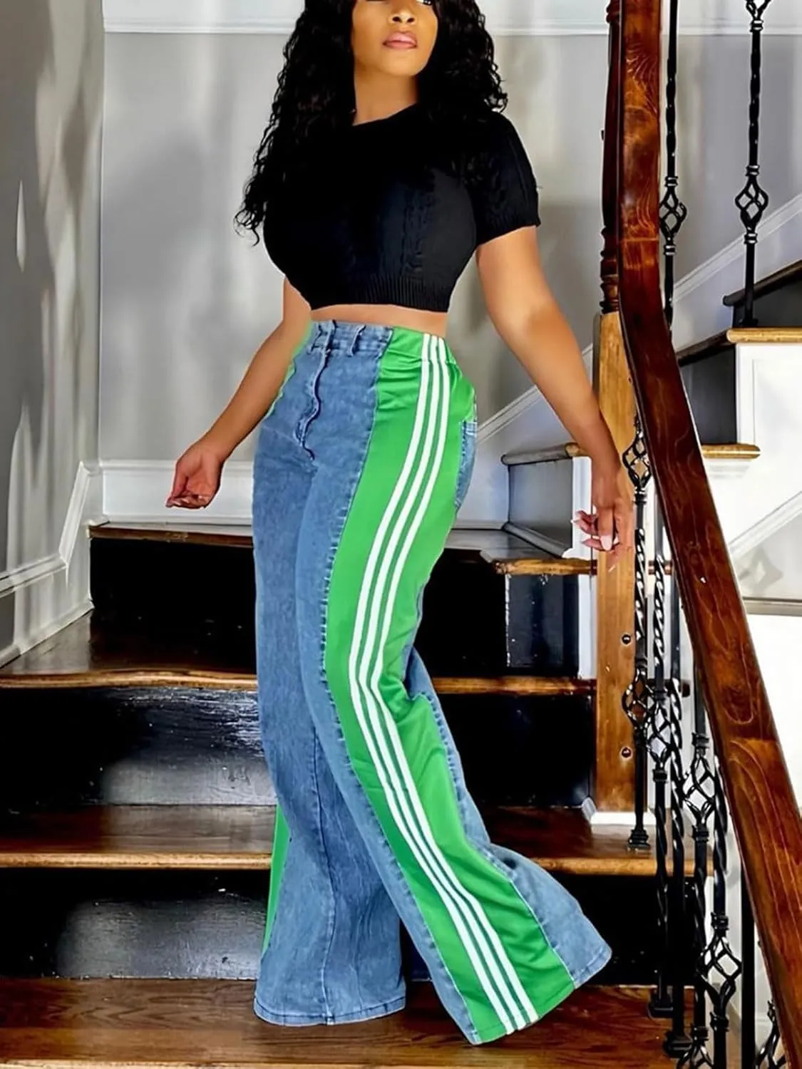 KANSOON Jeans for Women with Patchwork Stripes High Waisted Straight Stretchy Loose Color Block Wide Leg Denim Pants