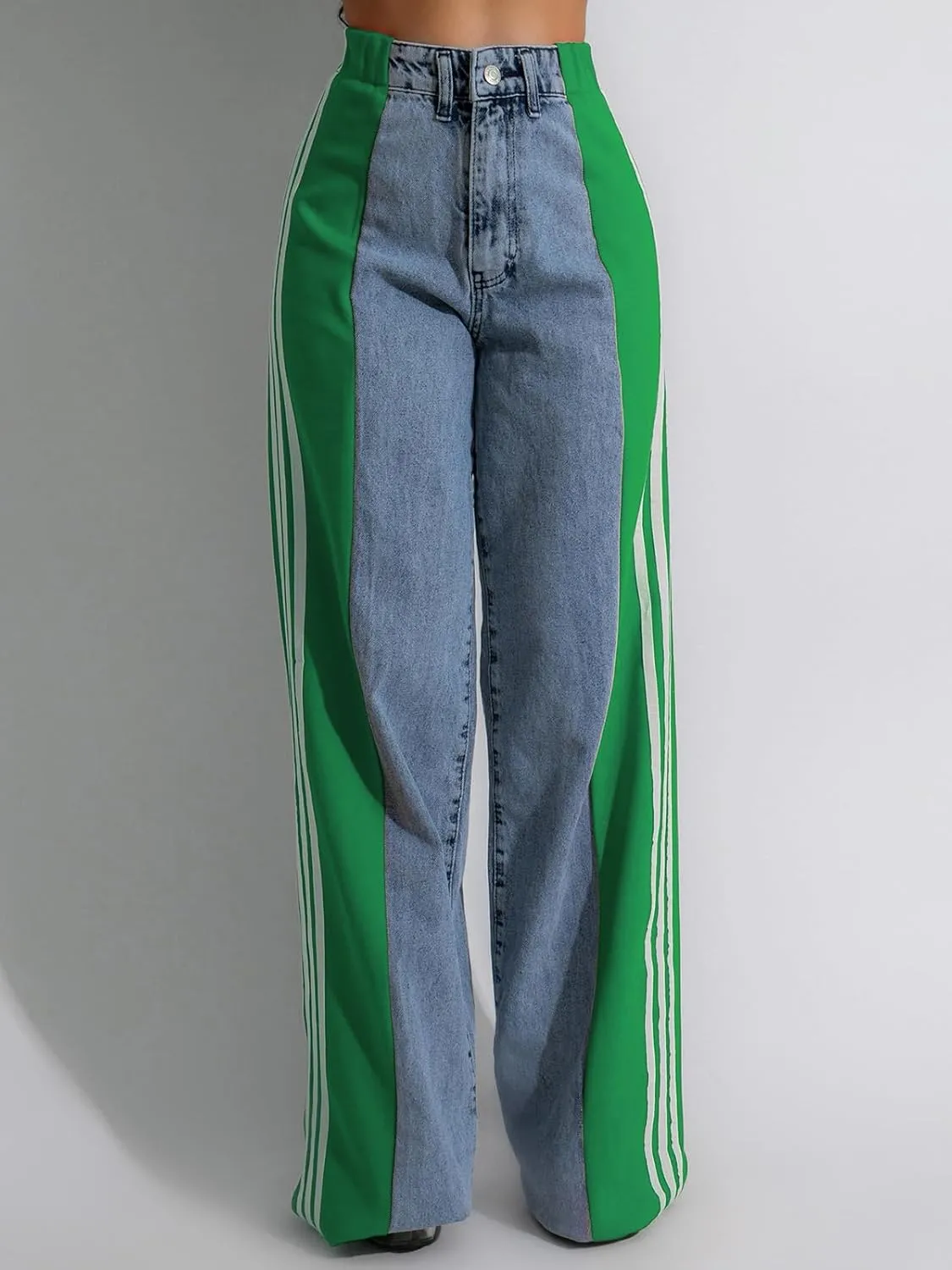 KANSOON Jeans for Women with Patchwork Stripes High Waisted Straight Stretchy Loose Color Block Wide Leg Denim Pants