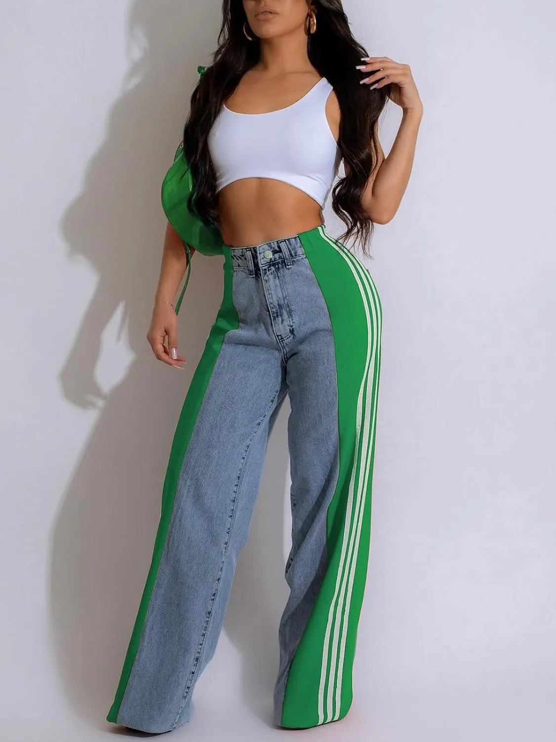 KANSOON Jeans for Women with Patchwork Stripes High Waisted Straight Stretchy Loose Color Block Wide Leg Denim Pants