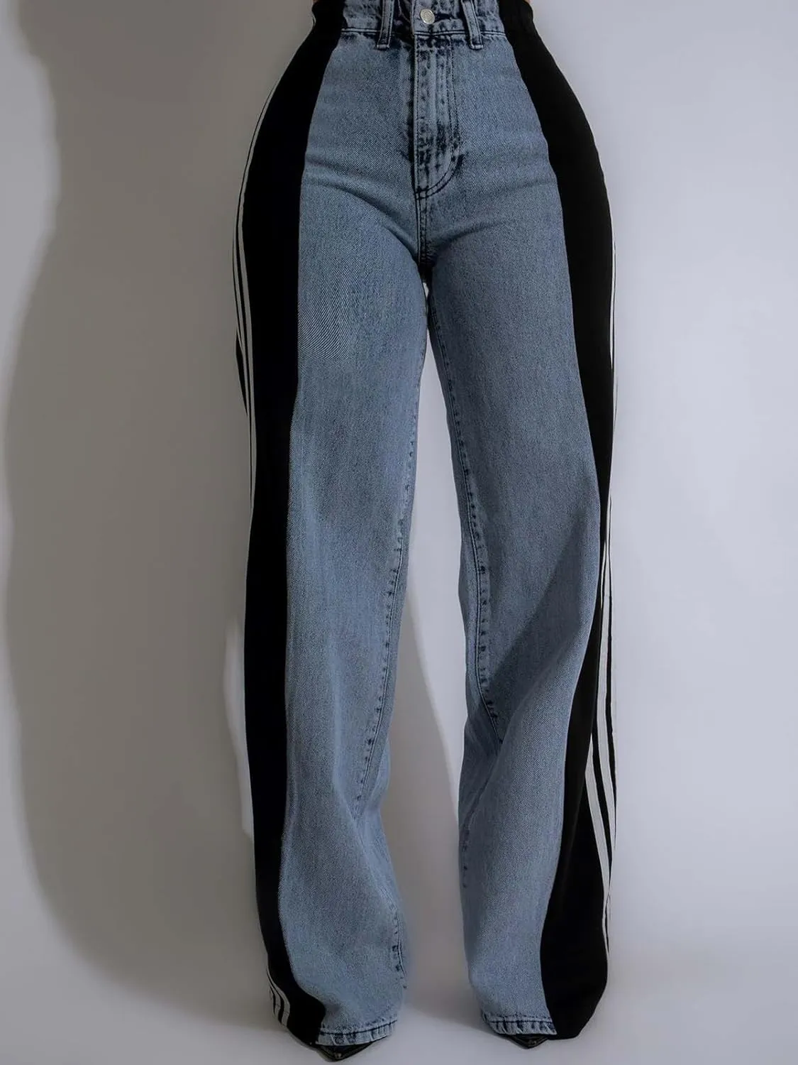 KANSOON Jeans for Women with Patchwork Stripes High Waisted Straight Stretchy Loose Color Block Wide Leg Denim Pants