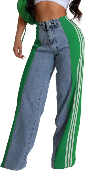 KANSOON Jeans for Women with Patchwork Stripes High Waisted Straight Stretchy Loose Color Block Wide Leg Denim Pants