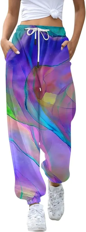 Ladies High Waist Casual Sweatpants Sports Print Drawstring Elastic Waist and Leggings Trousers with Pockets Pants