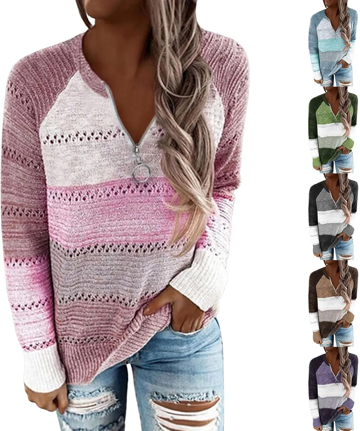 LCMTWX Women Autumn Winter Colorblock Pullover Sweaters Loose Sweater Pullover Loose Chunky Knit Jumper Tops Blouse 2023
