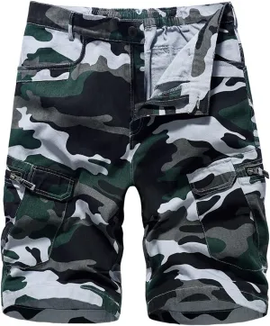 Lilychan Men's Cotton Camo Cargo Shorts Elastic Waist Relaxed Fit Multi-Pockets Casual Outdoor Lightweight Work Shorts