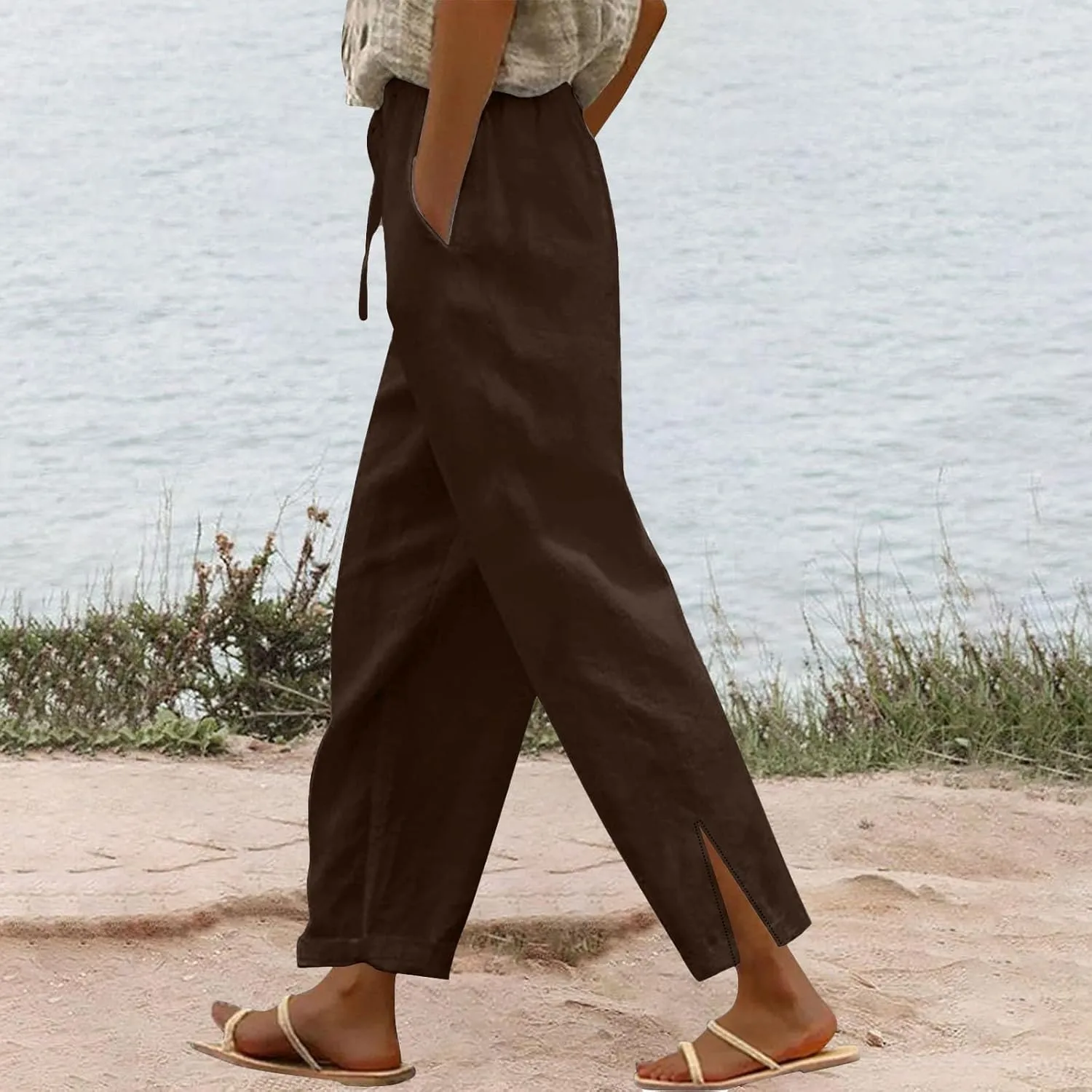 Linen Capri Pants Women Summer 2025 Pants Side Button Casual Cropped Linen Capris for Women Striped Spring
