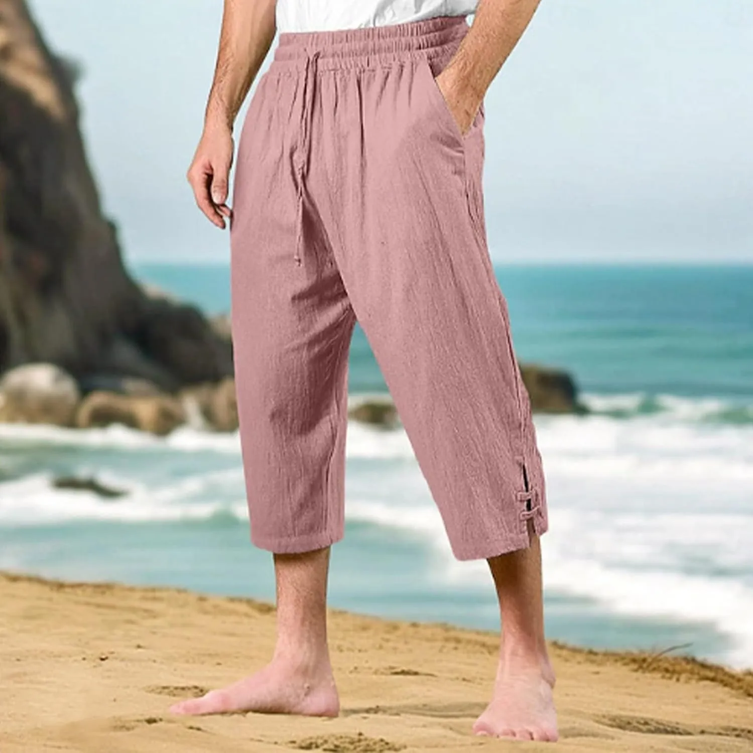 Linen Pants for Men Elastic Waist Drawstring Straight Leg Pants Casual Summer Beach Trousers Multi Pockets