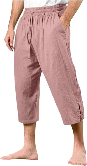 Linen Pants for Men Elastic Waist Drawstring Straight Leg Pants Casual Summer Beach Trousers Multi Pockets