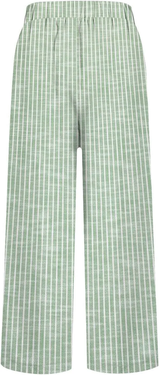 Linen Pants Women Striped Linen Pants Summer 2025 Womens Clothes for Beach Vacation Linen Straight Leg Palazzo Trousers