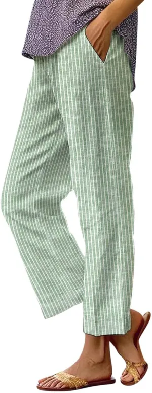 Linen Pants Women Striped Linen Pants Summer 2025 Womens Clothes for Beach Vacation Linen Straight Leg Palazzo Trousers