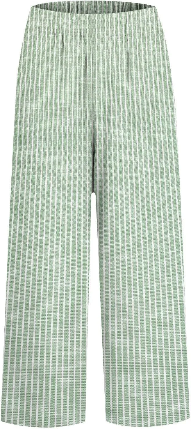 Linen Pants Women Striped Linen Pants Summer 2025 Womens Clothes for Beach Vacation Linen Straight Leg Palazzo Trousers