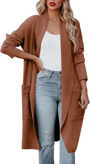 Long Cardigans For Women Lightweight Wool Blend Long Trench Coat Open Front Long Sleeve Jacket Outwear Tan Long