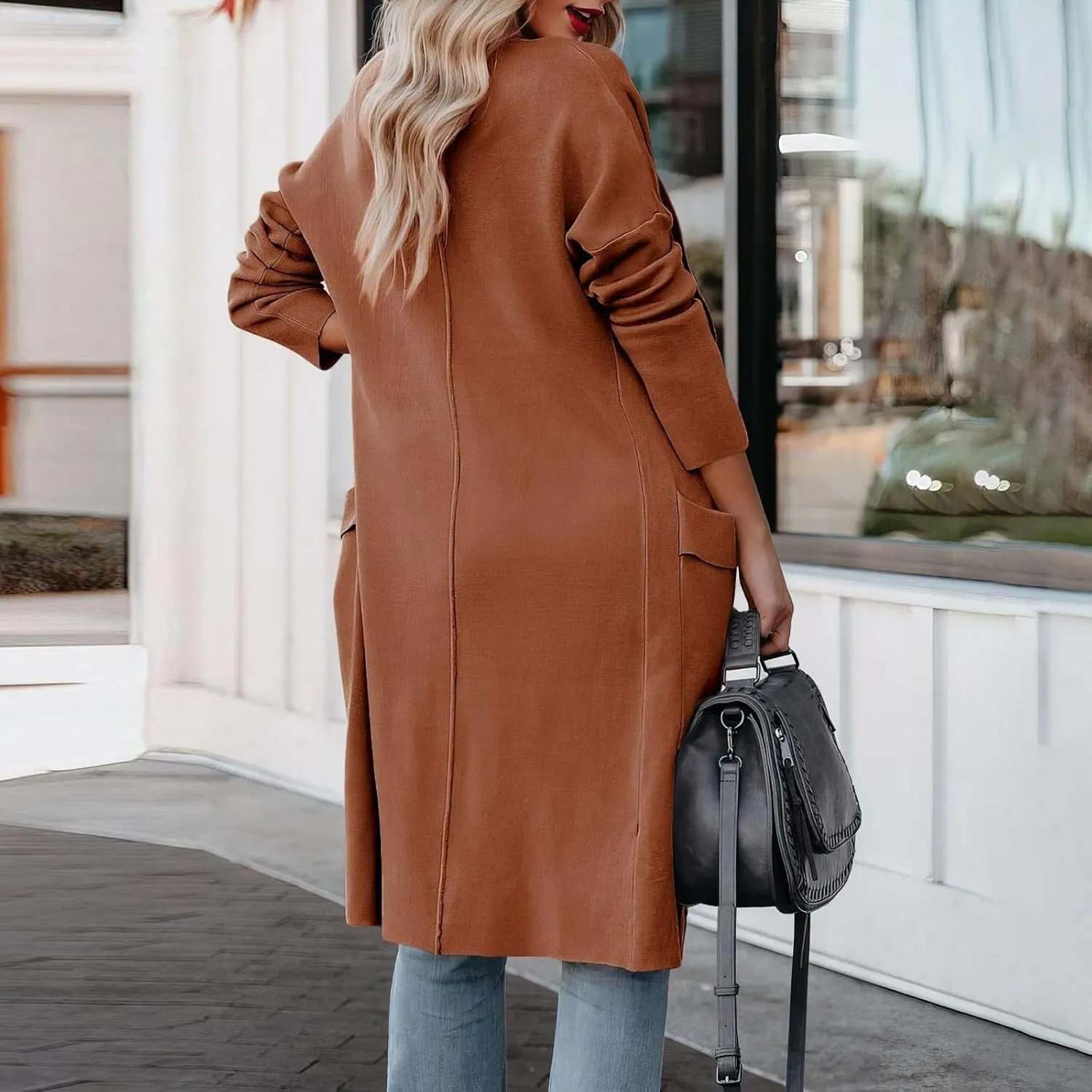 Long Cardigans For Women Lightweight Wool Blend Long Trench Coat Open Front Long Sleeve Jacket Outwear Tan Long